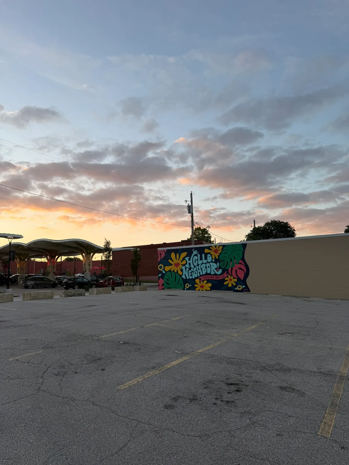 Hello, Neighbor mural at sunset, Overland Park KS